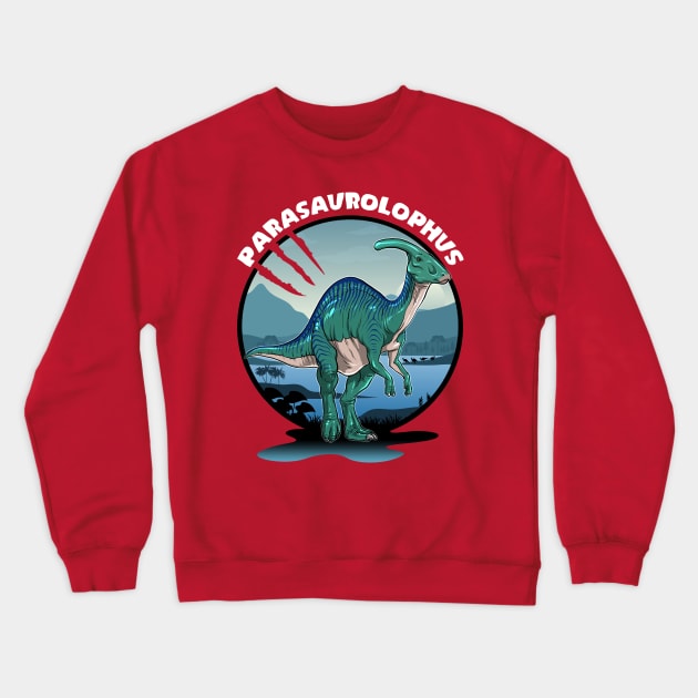 Parasaurolophus Dinosaur Design With Background Crewneck Sweatshirt by Terra Fossil Merch